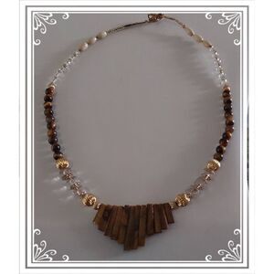 Stunning Handcrafted Tigers Eye Bar~Faceted Crystals & Gold Bead Necklace